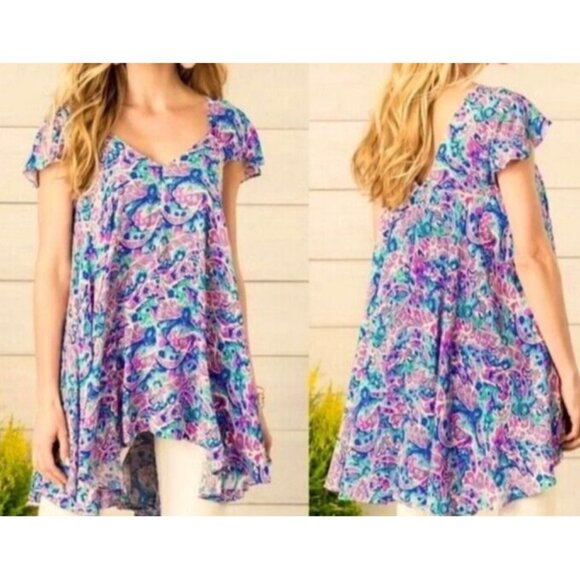 Matilda Jane In The Maze Top Women S Purple Floral Asymmetric Hem Flutter Sleeve - Picture 1 of 10